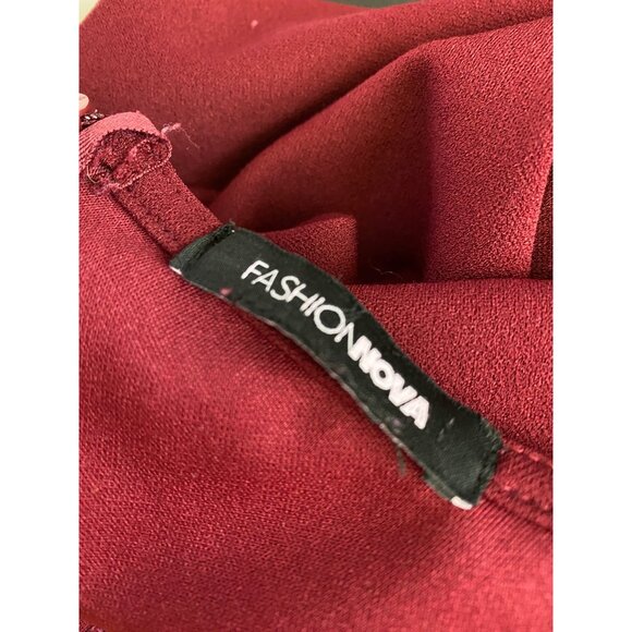 Fashion Nova Burgundy Long Sleeve Faux Wrap Dress Large Stretch Sexy Pinup Work - Picture 3 of 3